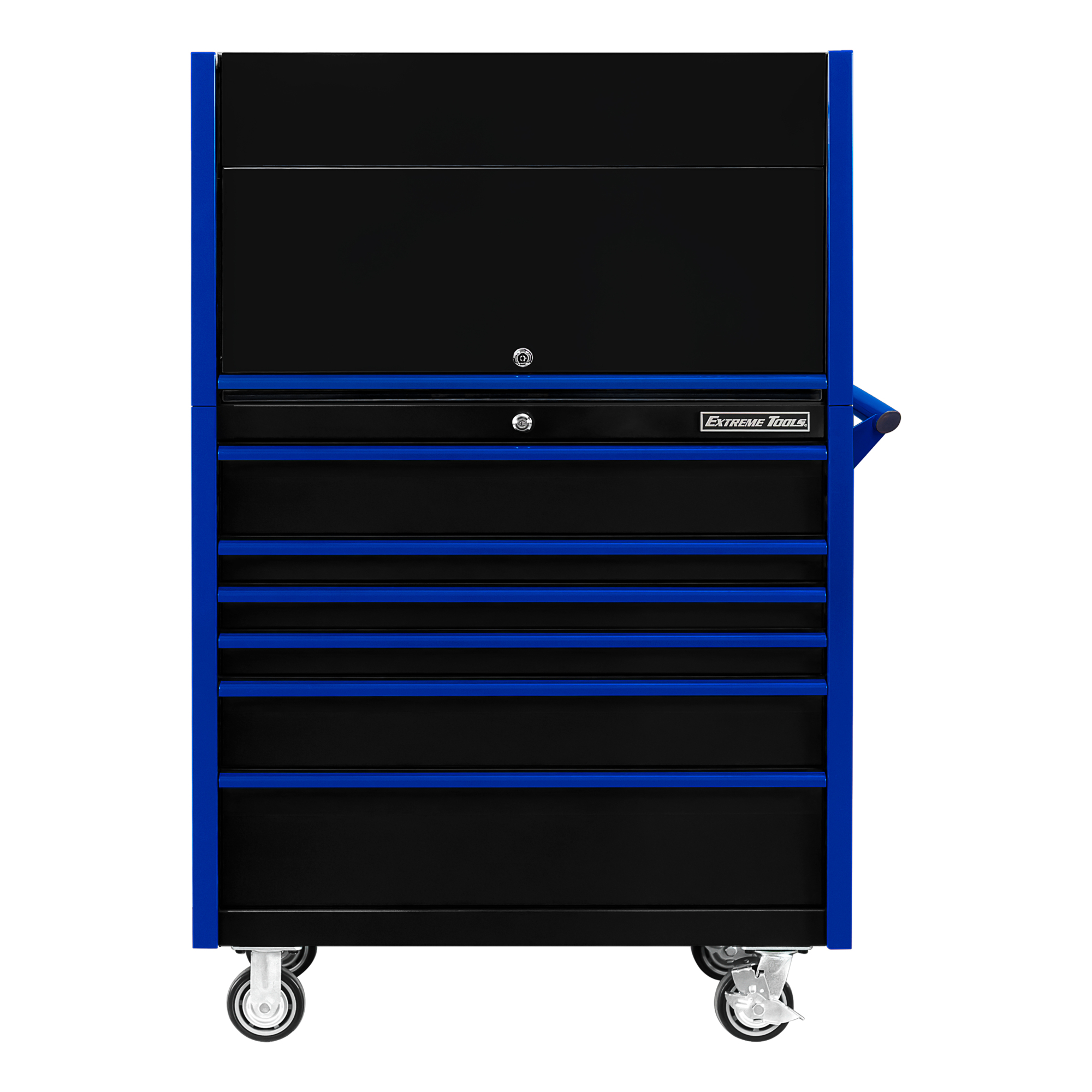 Extreme Tools DX Series Power Workstation Hutch and Roller Cabinet Combo - 41in. x 25in. x 64in., 6 Drawers, Black/Blue, Model# DX4107HRKU